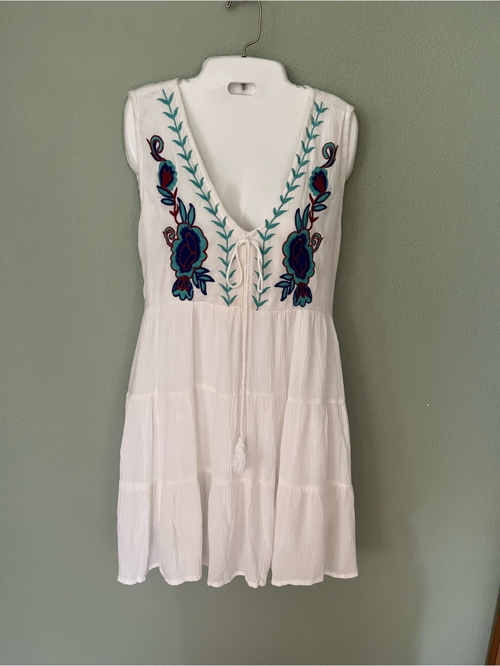 White V-Neck Embroidered Swim Cover-Up dress with Teal & Navy Detail